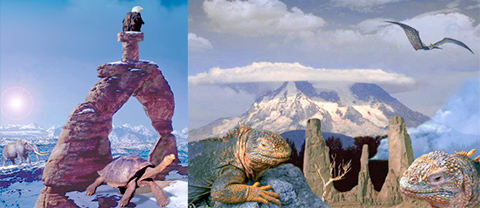 at left a picture of the stone arch with an eagle perched on top, at right a picture of deaths head mountain with pterodactyl overhead and lizards in the foreground