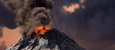 a powerful volcano erupts with billowing smoke and glowing lava